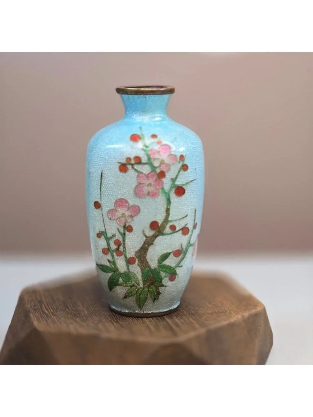 Antique 19th Century Japanese Meiji Mini Foil Enamel Bronze Vase Cherry Blossom